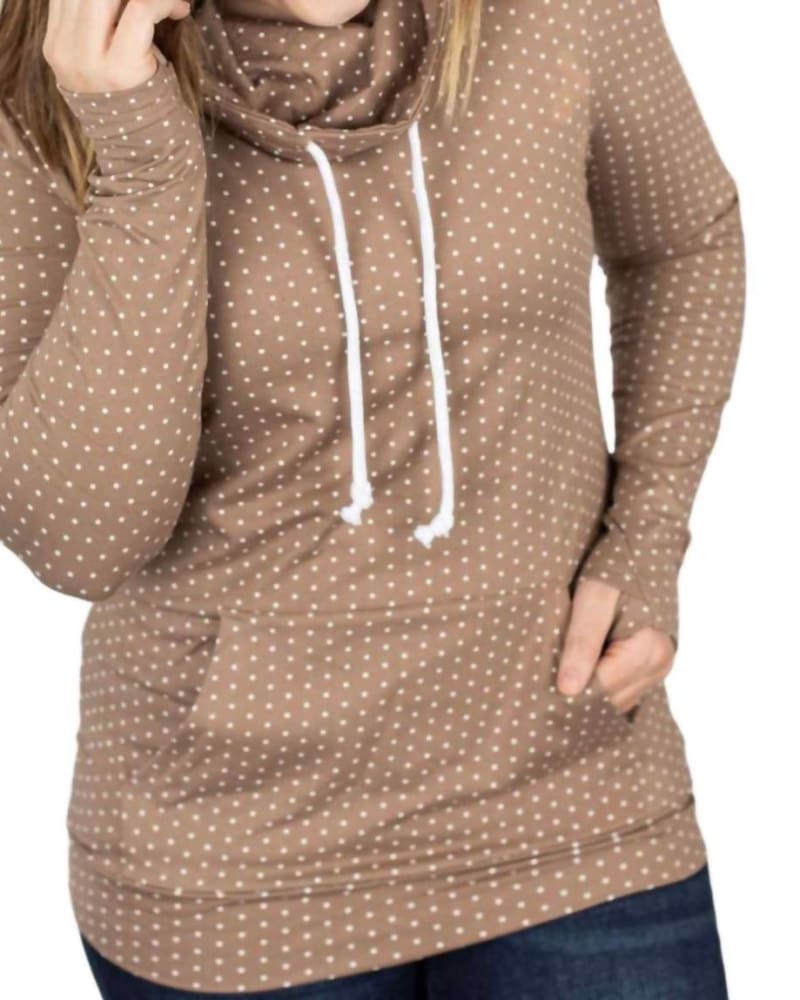 Front of a model wearing a size 2XL Cloud Cowl Neck Mini Dot Sweatshirt in Mocha in Mocha by Michelle Mae. | dia_product_style_image_id:327638
